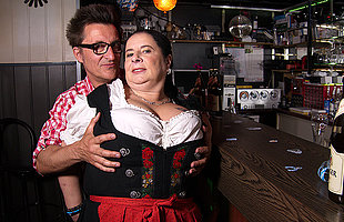 Big breasted German waitress having fun with chum around with annoy beerfesten